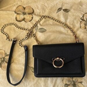 Rebecca Minkoff Black Leather Crossbody with Gold Ring and Chain
